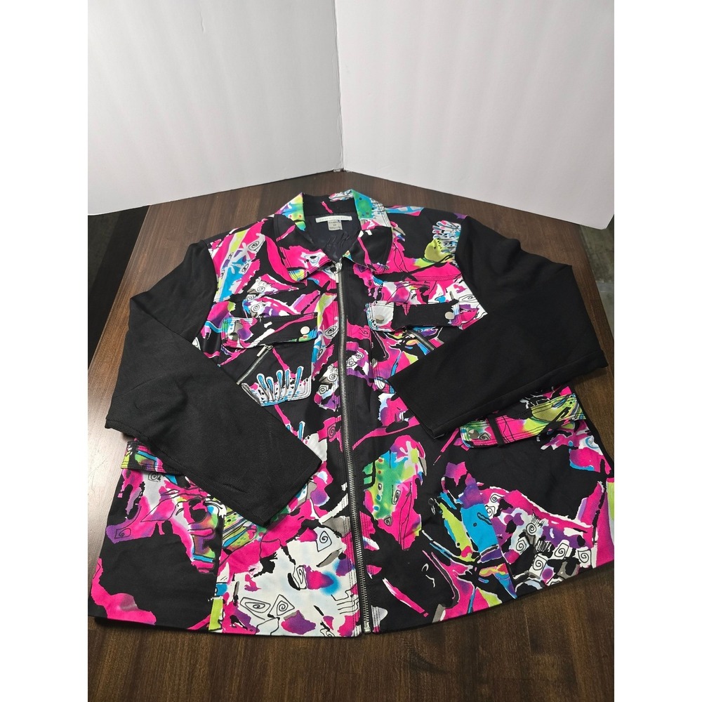 Peter Nygard Womens 2X Abstract Art Print Zip Front Utility Jacket Black Neon